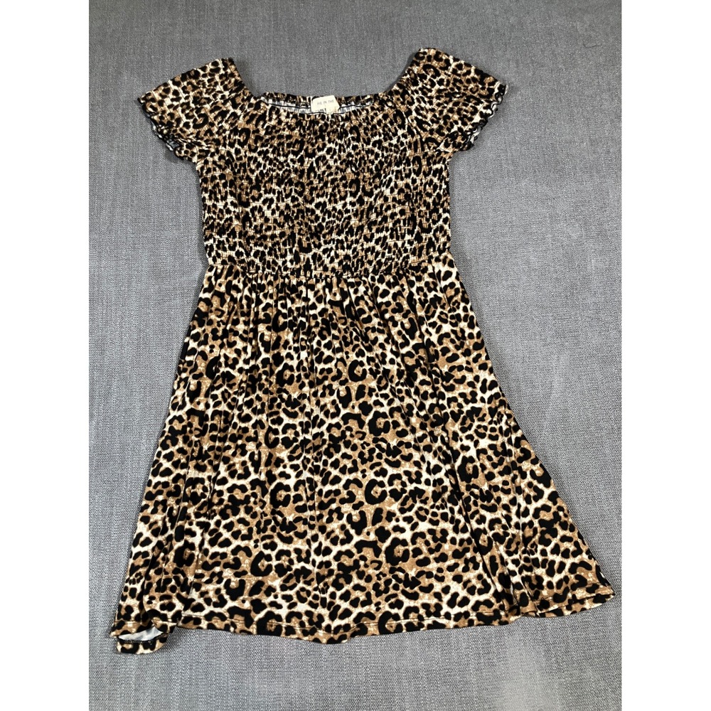 Pie In The Sky Leopard Print Smocked Mini Dress Brown Womens Large